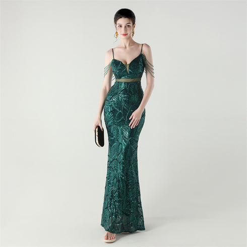 Graceful Sequin Embellished Mesh Mermaid Maxi Dress